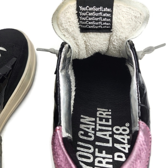 P448 John Black Suede Patent Leather Croc Pattern Pink Heel Pad Lace Up Sneakers - Picture 3 of 16